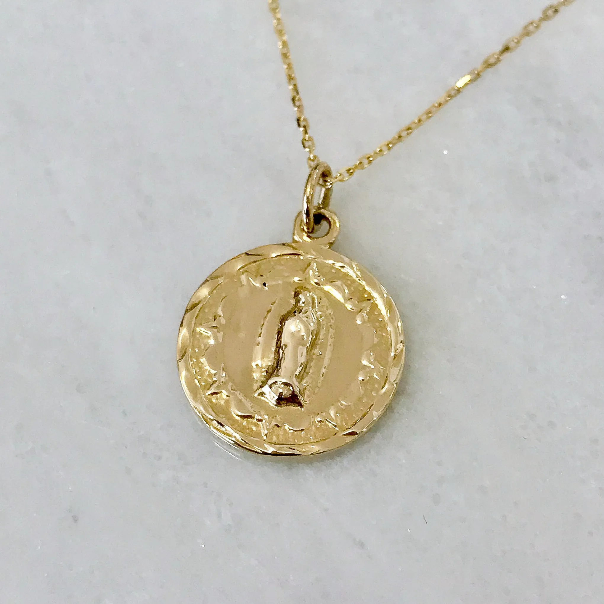 14K Gold Virgin Mary Miraculous Medal Double Sided Charm Necklace