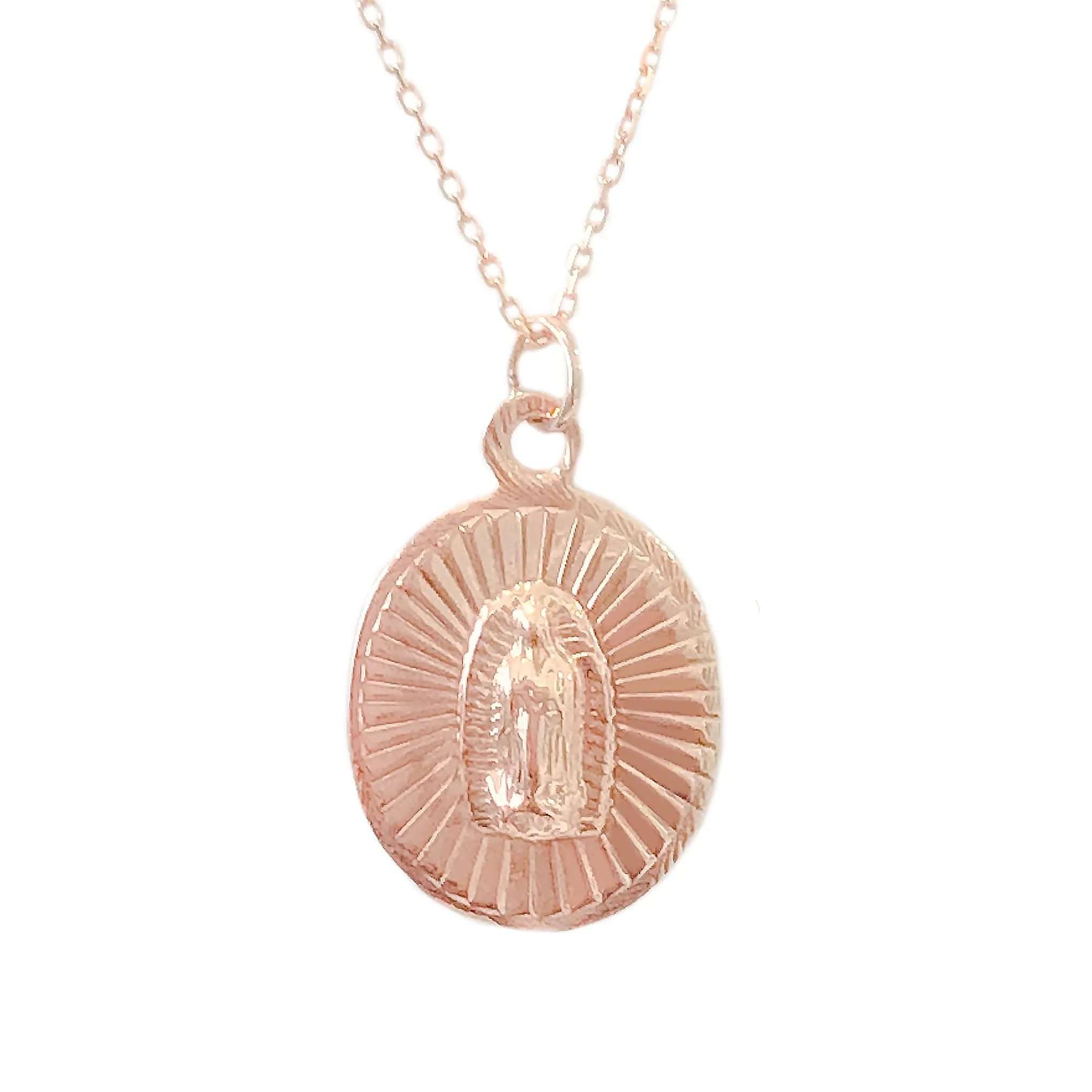 14K Gold Virgin Mary Miraculous Medal Fluted Charm Necklace