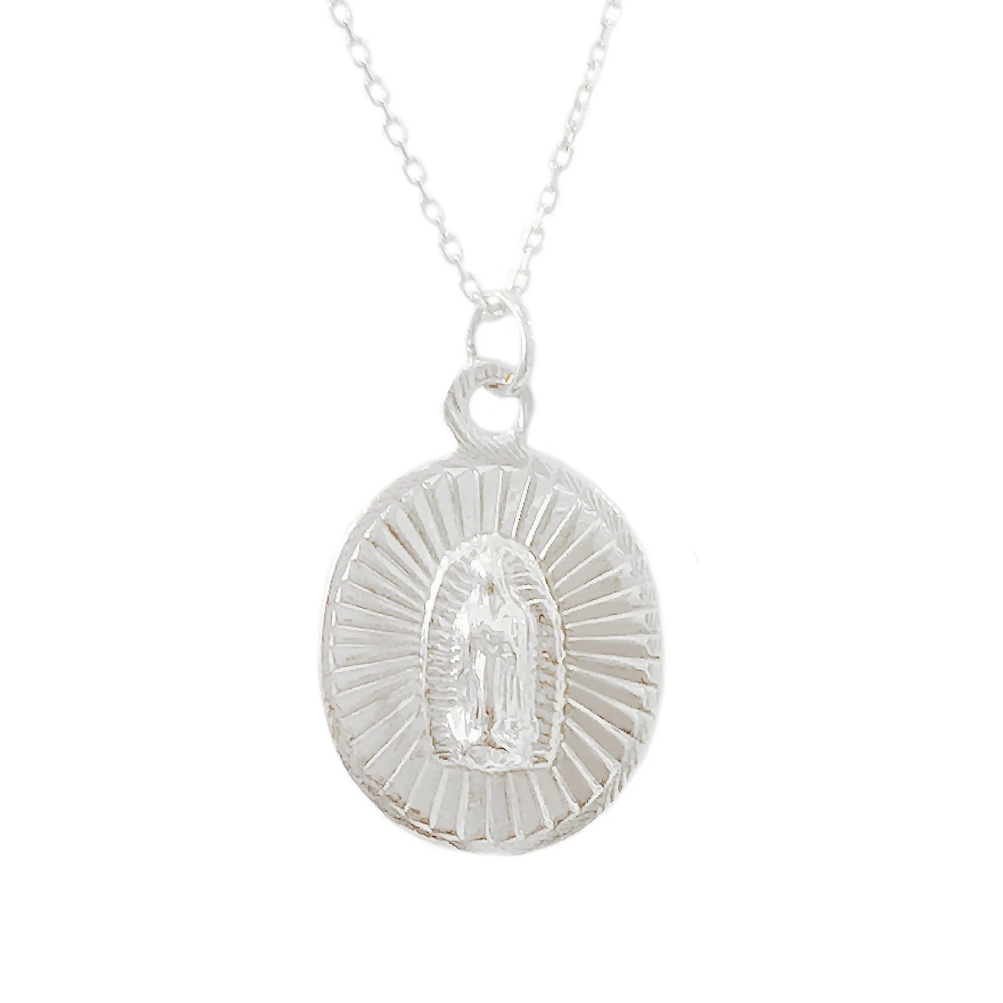 14K Gold Virgin Mary Miraculous Medal Fluted Charm Necklace