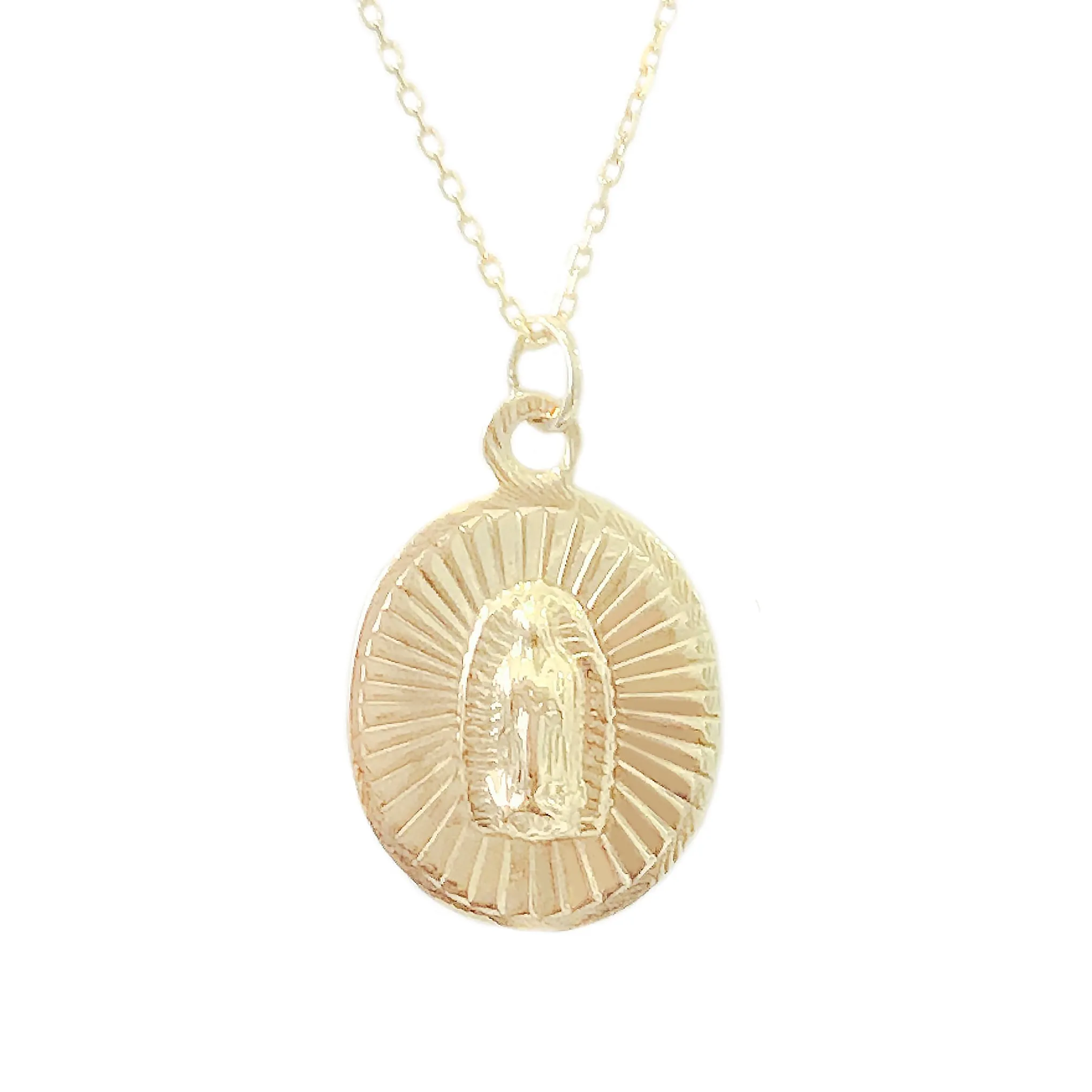 14K Gold Virgin Mary Miraculous Medal Fluted Charm Necklace