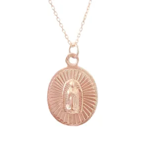 14K Gold Virgin Mary Miraculous Medal Fluted Charm Necklace