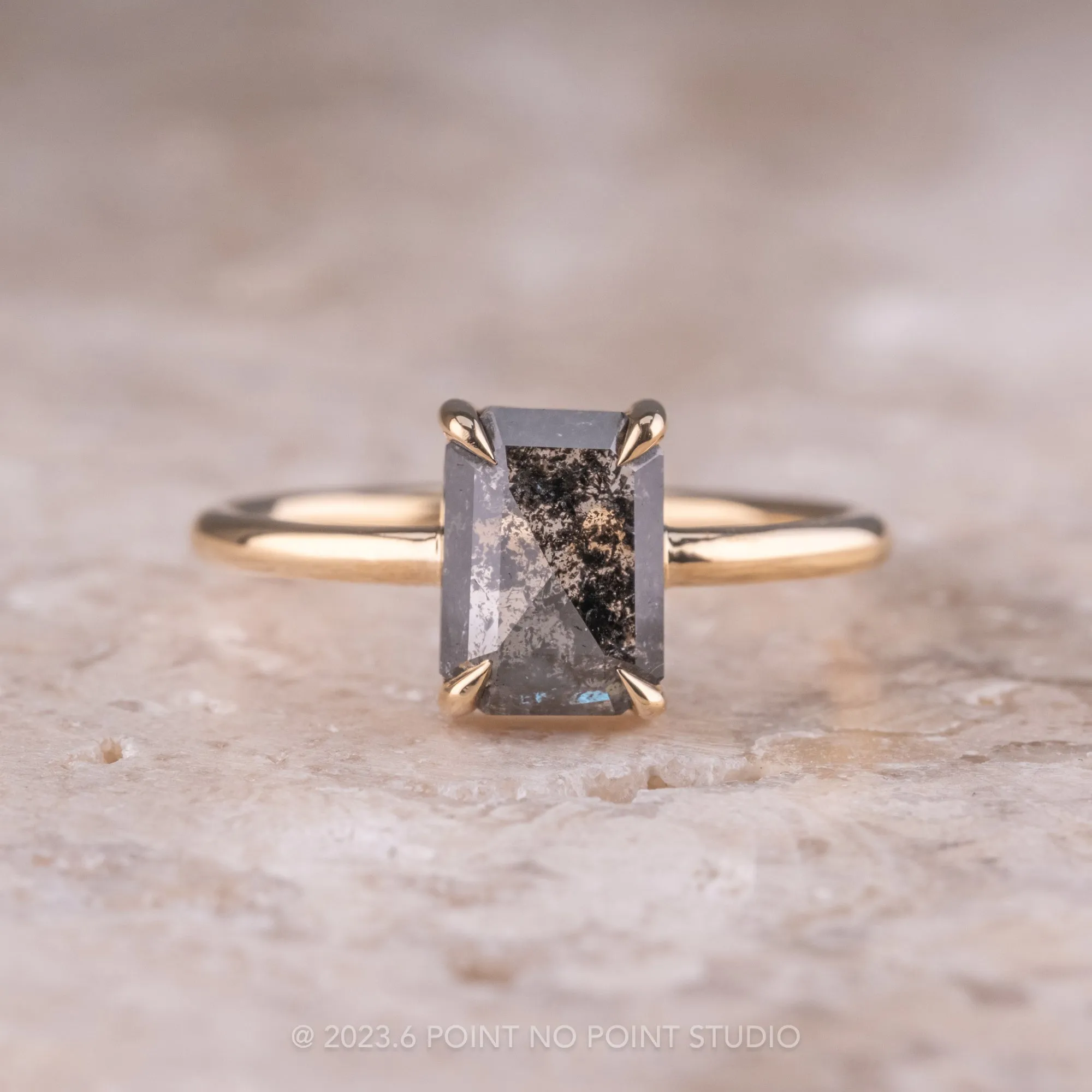 1.56 Carat Black Speckled Emerald Diamond Engagement Ring, Jane Setting, 14k Yellow Gold