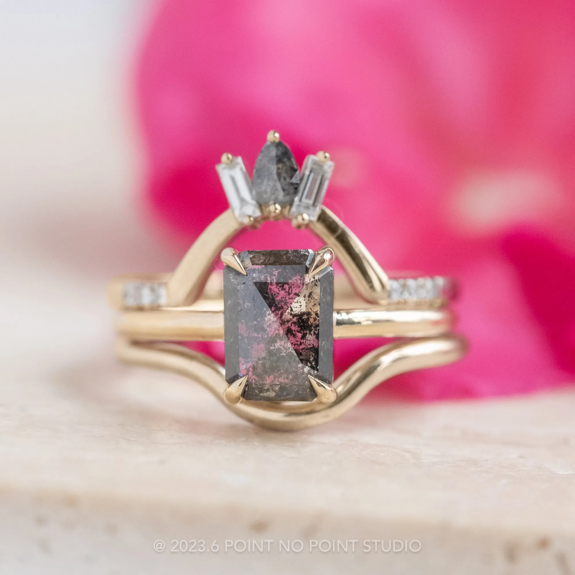 1.56 Carat Black Speckled Emerald Diamond Engagement Ring, Jane Setting, 14k Yellow Gold