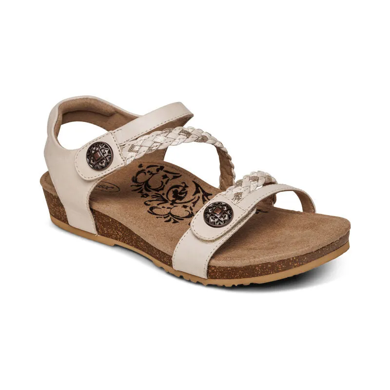 Aetrex Jillian Braided Quarter Strap Sandal in Silver, Walnut, Ivory, Black & Cork
