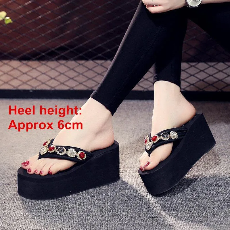 Bling Rhinestone Beach Flip Flops Soft EVA Ladies Outdoor Slippers Sexy High Heels