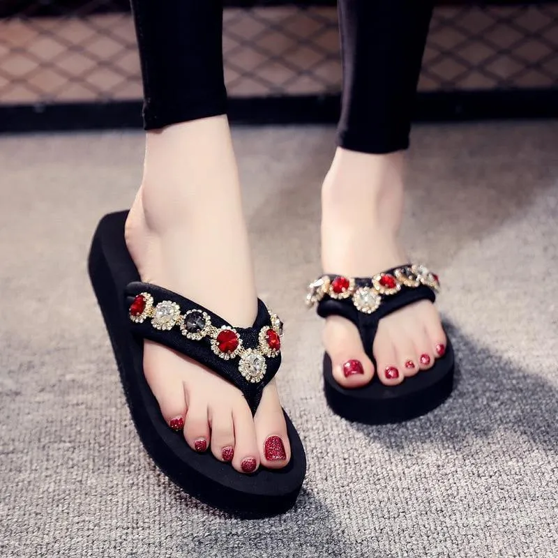 Bling Rhinestone Beach Flip Flops Soft EVA Ladies Outdoor Slippers Sexy High Heels