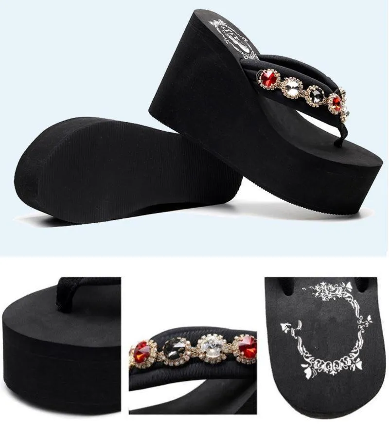Bling Rhinestone Beach Flip Flops Soft EVA Ladies Outdoor Slippers Sexy High Heels