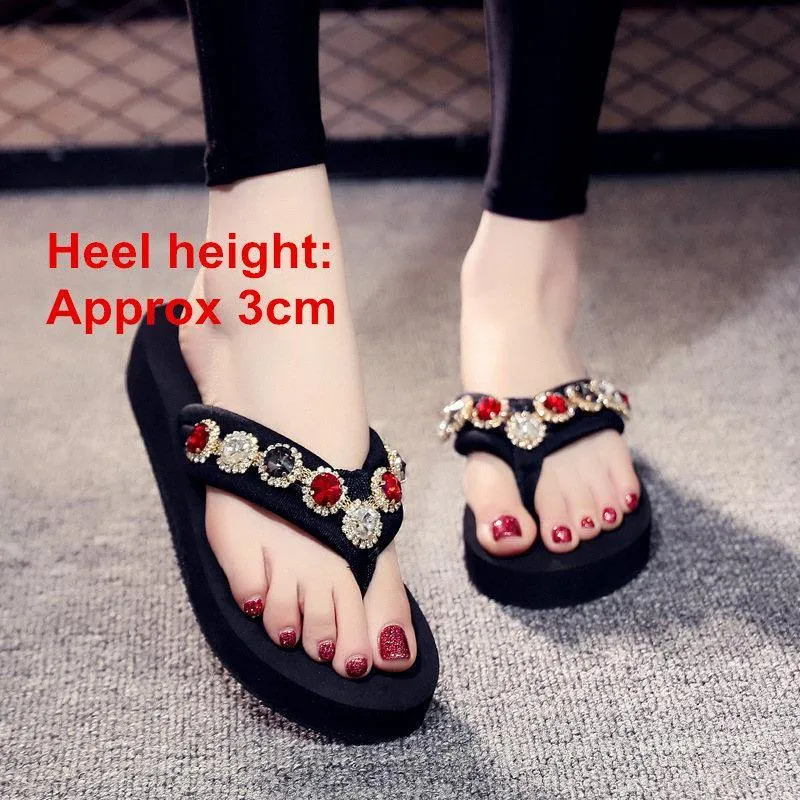 Bling Rhinestone Beach Flip Flops Soft EVA Ladies Outdoor Slippers Sexy High Heels