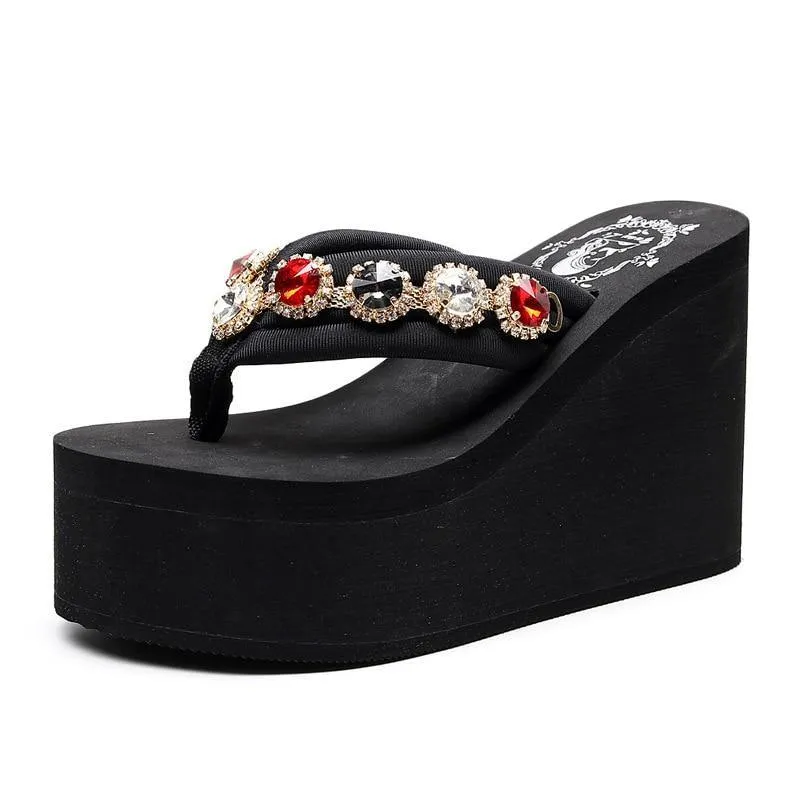 Bling Rhinestone Beach Flip Flops Soft EVA Ladies Outdoor Slippers Sexy High Heels