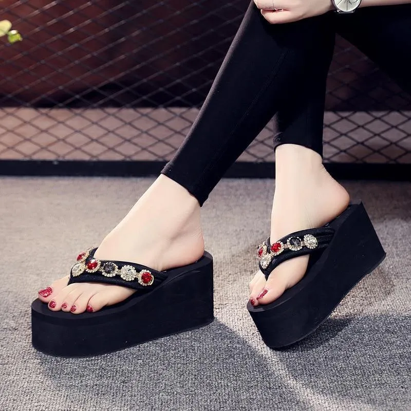 Bling Rhinestone Beach Flip Flops Soft EVA Ladies Outdoor Slippers Sexy High Heels