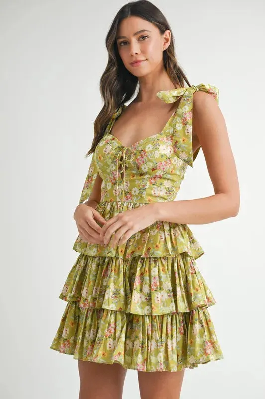 Bloomie Floral Shoulder Tie Layered Mini Dress