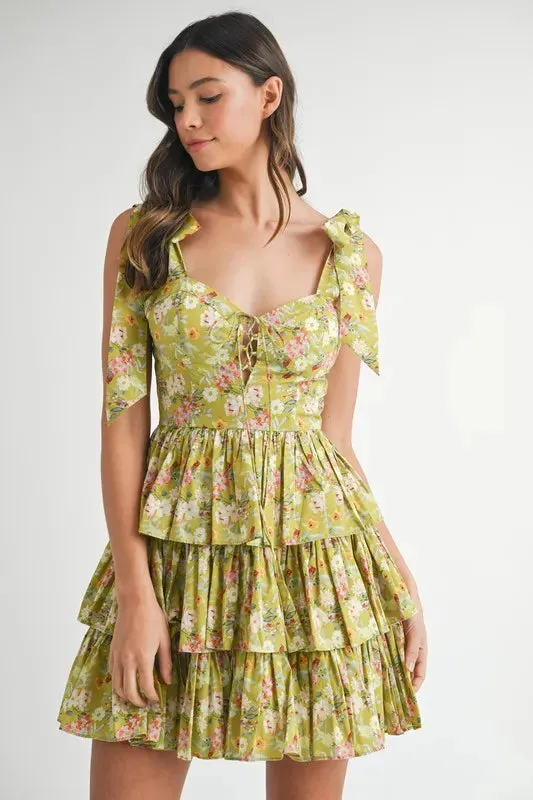 Bloomie Floral Shoulder Tie Layered Mini Dress
