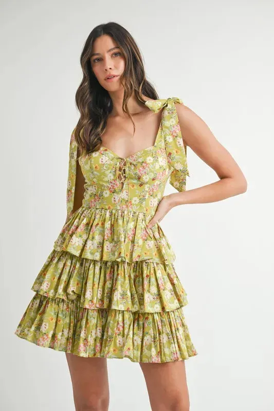 Bloomie Floral Shoulder Tie Layered Mini Dress
