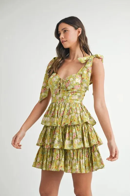 Bloomie Floral Shoulder Tie Layered Mini Dress