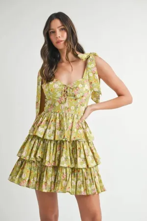 Bloomie Floral Shoulder Tie Layered Mini Dress