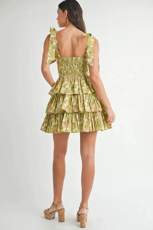 Bloomie Floral Shoulder Tie Layered Mini Dress
