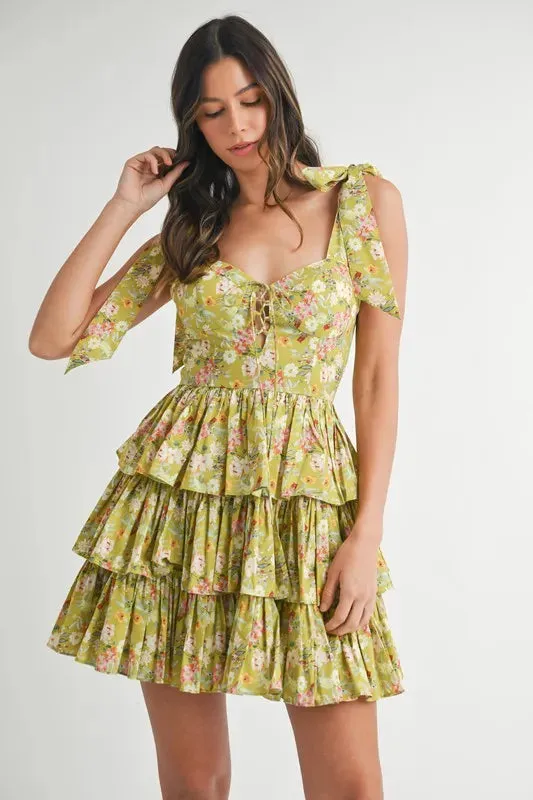 Bloomie Floral Shoulder Tie Layered Mini Dress