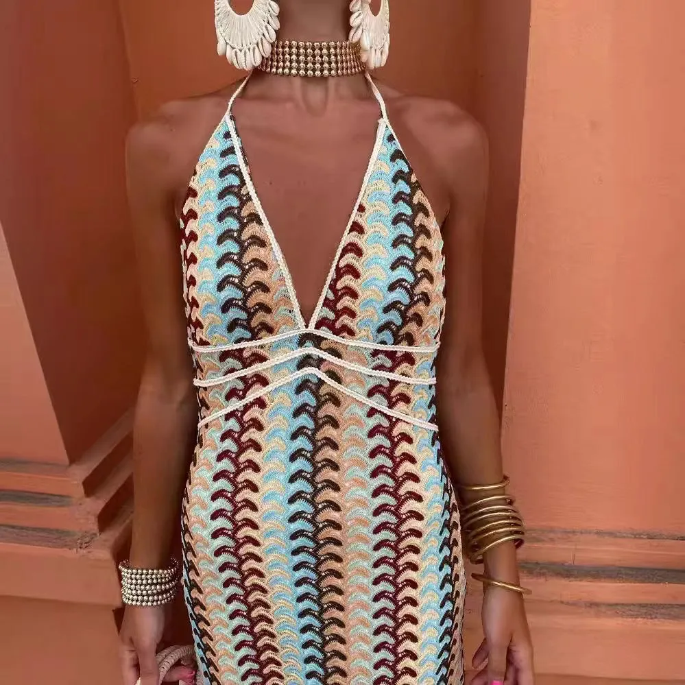 Boho-Chic Crocheted Pattern Halter Maxi Dress for Effortless Summer Vibes