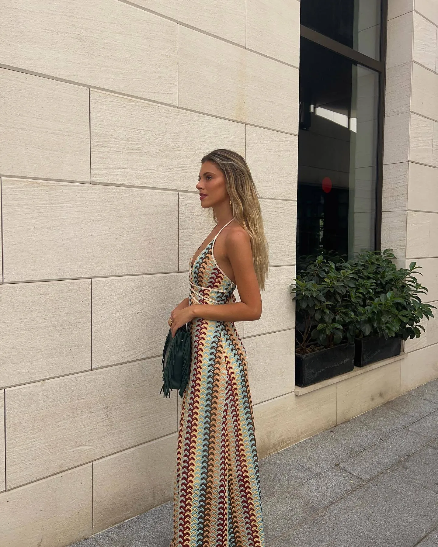 Boho-Chic Crocheted Pattern Halter Maxi Dress for Effortless Summer Vibes