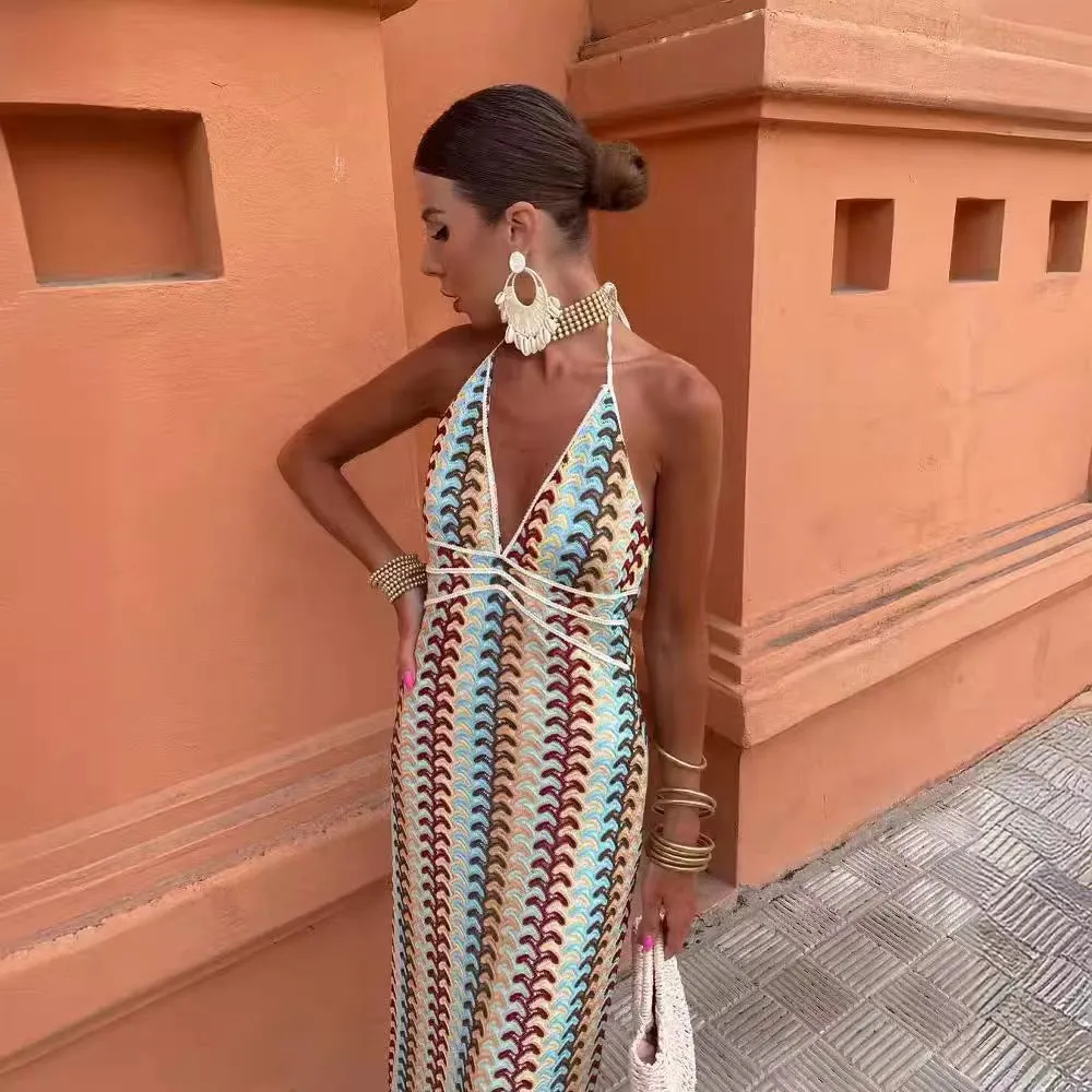 Boho-Chic Crocheted Pattern Halter Maxi Dress for Effortless Summer Vibes