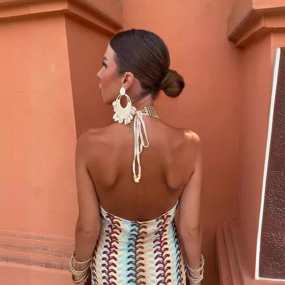 Boho-Chic Crocheted Pattern Halter Maxi Dress for Effortless Summer Vibes