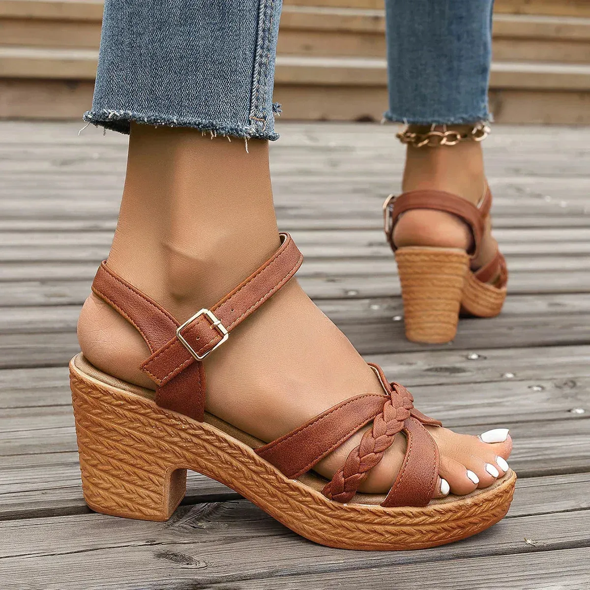 Braided Block Heel Sandals | Elegant & Comfortable | Adjustable Strap