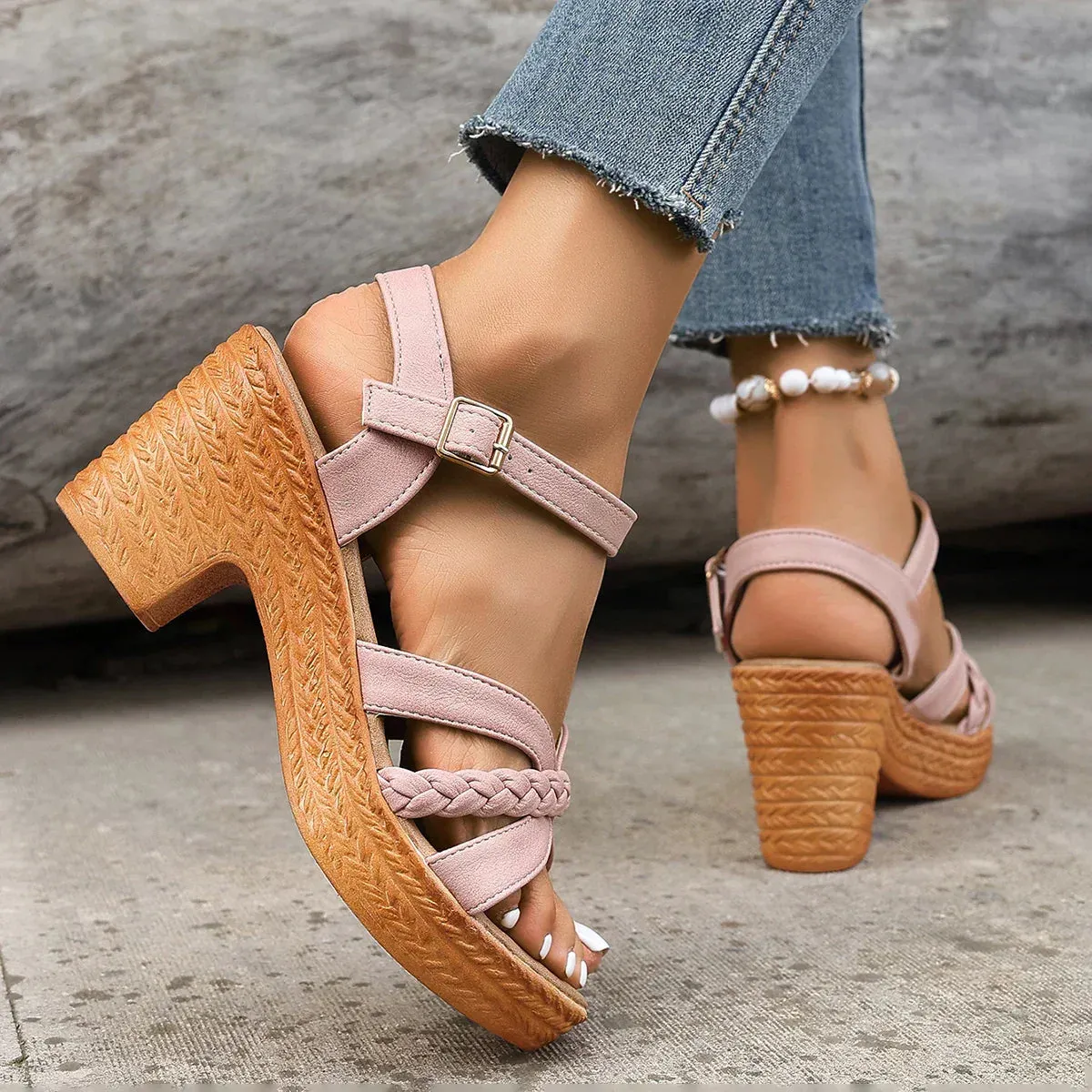 Braided Block Heel Sandals | Elegant & Comfortable | Adjustable Strap