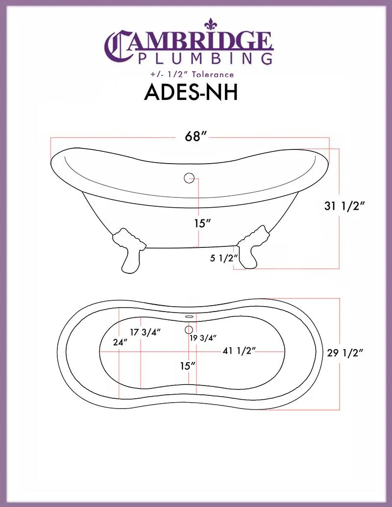 Cambridge Plumbing Acrylic Double Ended Clawfoot Bathtub 68" X 28" with no Faucet Drillings and Complete Polished Chrome Plumbing Package