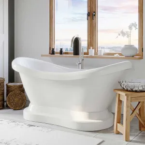 Cambridge Plumbing Acrylic Double Ended Pedestal Slipper Bathtub 68" X 28" with No Faucet Drillings and Complete Brushed Nickel Plumbing Package
