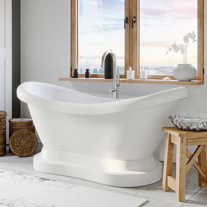 Cambridge Plumbing Acrylic Double Ended Pedestal Slipper Bathtub 68" X 28" with No Faucet Drillings and Complete Brushed Nickel Plumbing Package