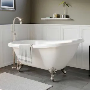 Cambridge Plumbing Acrylic Slipper Bathtub 61" X 28" with No Faucet Drillings and Complete Brushed Nickel Plumbing Package