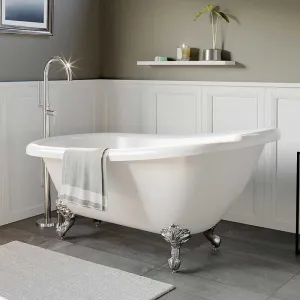 Cambridge Plumbing Acrylic Slipper Bathtub 61" X 28" with No Faucet Drillings and Complete Polished Chrome Plumbing Package