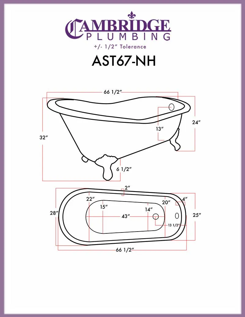 Cambridge Plumbing Acrylic Slipper Bathtub 67" X 28" with no Faucet Drillings and complete Polished Chrome Plumbing Package