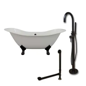 Cambridge Plumbing Cast Iron Double Ended Slipper Tub 71" X 30" with no Faucet Drillings and Complete Oil Rubbed Bronze Modern Freestanding Tub Filler with Hand Held Shower Assembly Plumbing Package