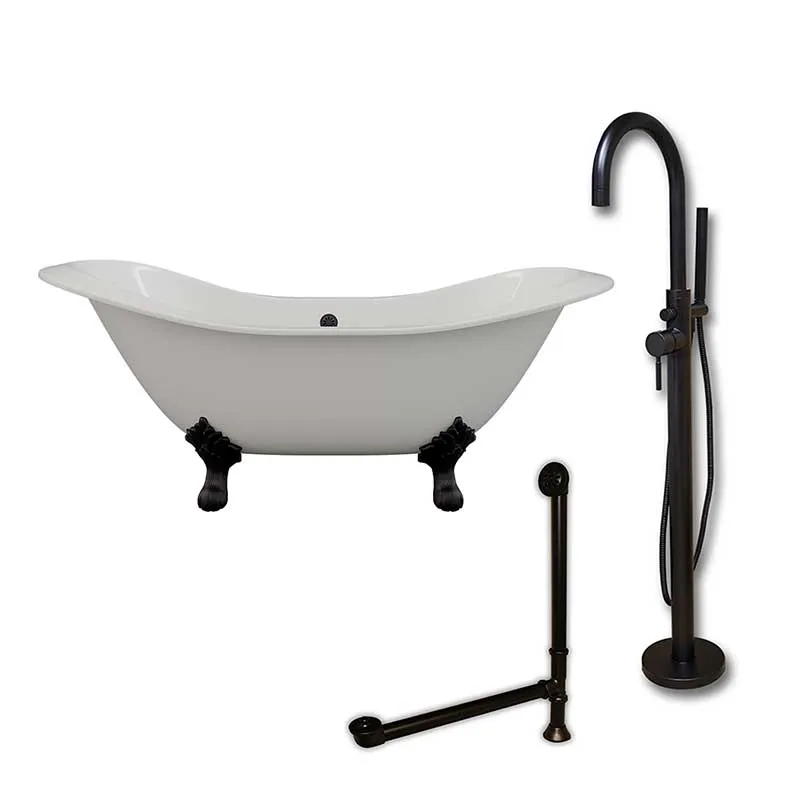 Cambridge Plumbing Cast Iron Double Ended Slipper Tub 71" X 30" with no Faucet Drillings and Complete Oil Rubbed Bronze Modern Freestanding Tub Filler with Hand Held Shower Assembly Plumbing Package