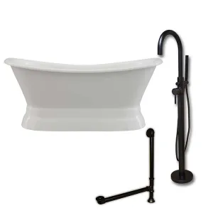 Cambridge Plumbing Cast Iron Double Ended Slipper Tub 71" X 30" with no Faucet Drillings and Complete Oil Rubbed Bronze Modern Freestanding Tub Filler with Hand Held Shower Assembly Plumbing Package