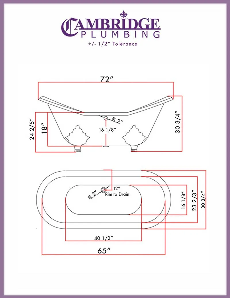 Cambridge Plumbing Cast Iron Double Ended Slipper Tub 71" X 30" with no Faucet Drillings and Complete Polished Chrome Modern Freestanding Tub Filler with Hand Held Shower Assembly Plumbing Package