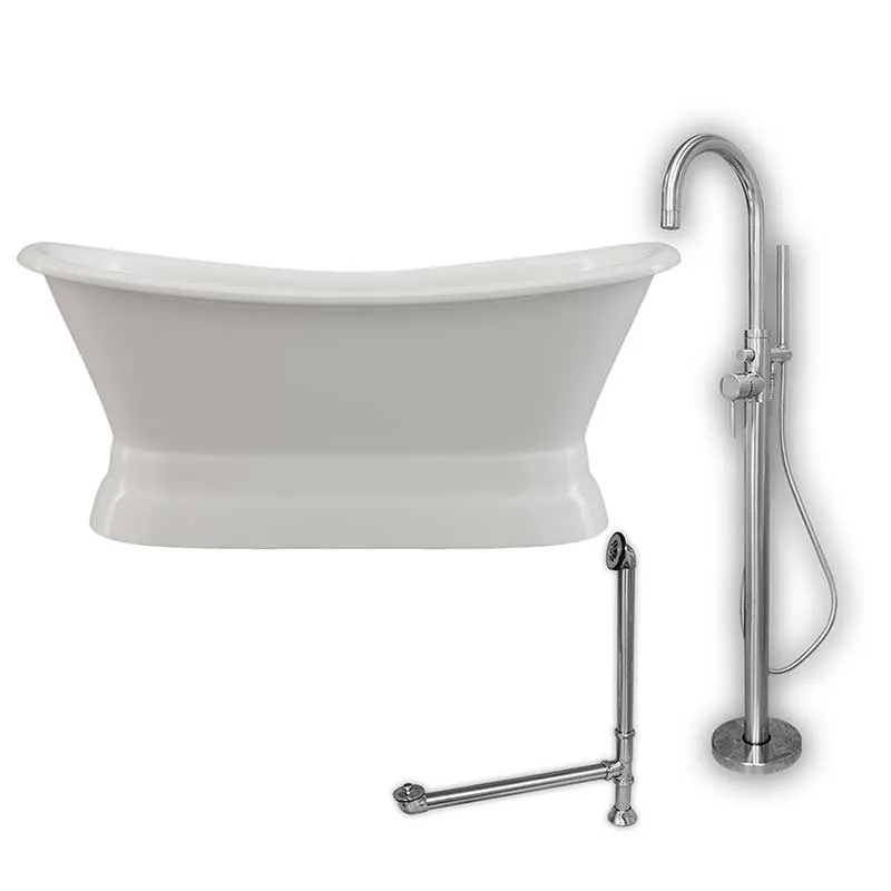 Cambridge Plumbing Cast Iron Double Ended Slipper Tub 71" X 30" with no Faucet Drillings and Complete Polished Chrome Modern Freestanding Tub Filler with Hand Held Shower Assembly Plumbing Package