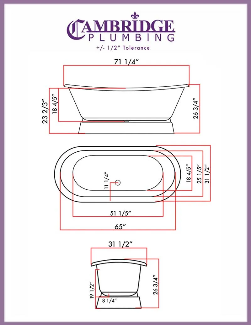 Cambridge Plumbing Cast Iron Double Ended Slipper Tub 71" X 30" with no Faucet Drillings and Complete Polished Chrome Modern Freestanding Tub Filler with Hand Held Shower Assembly Plumbing Package