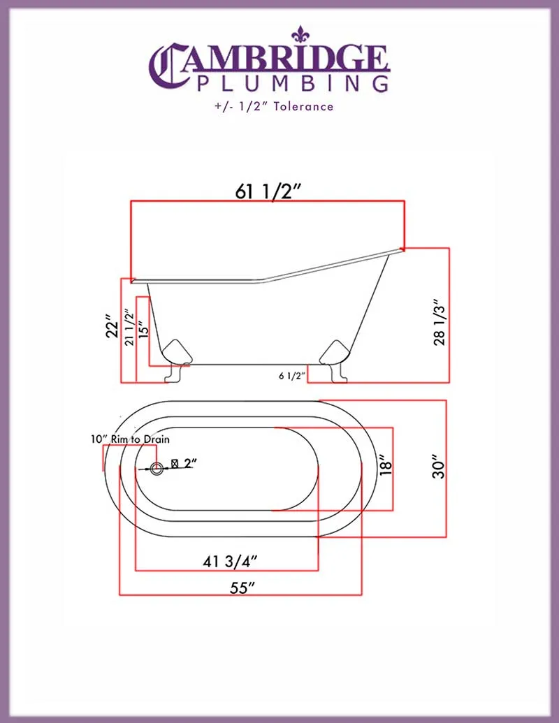 Cambridge Plumbing Cast Iron Slipper Clawfoot Tub 61" X 30" with no Faucet Drillings and Complete Polished Chrome Modern Freestanding Tub Filler with Hand Held Shower Assembly Plumbing Package