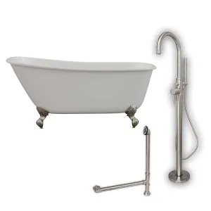 Cambridge Plumbing Cast Iron Swedish Slipper Tub 58" X 30" with no Faucet Drillings and Complete Brushed Nickel Modern Freestanding Tub Filler with Hand Held Shower Assembly Plumbing Package