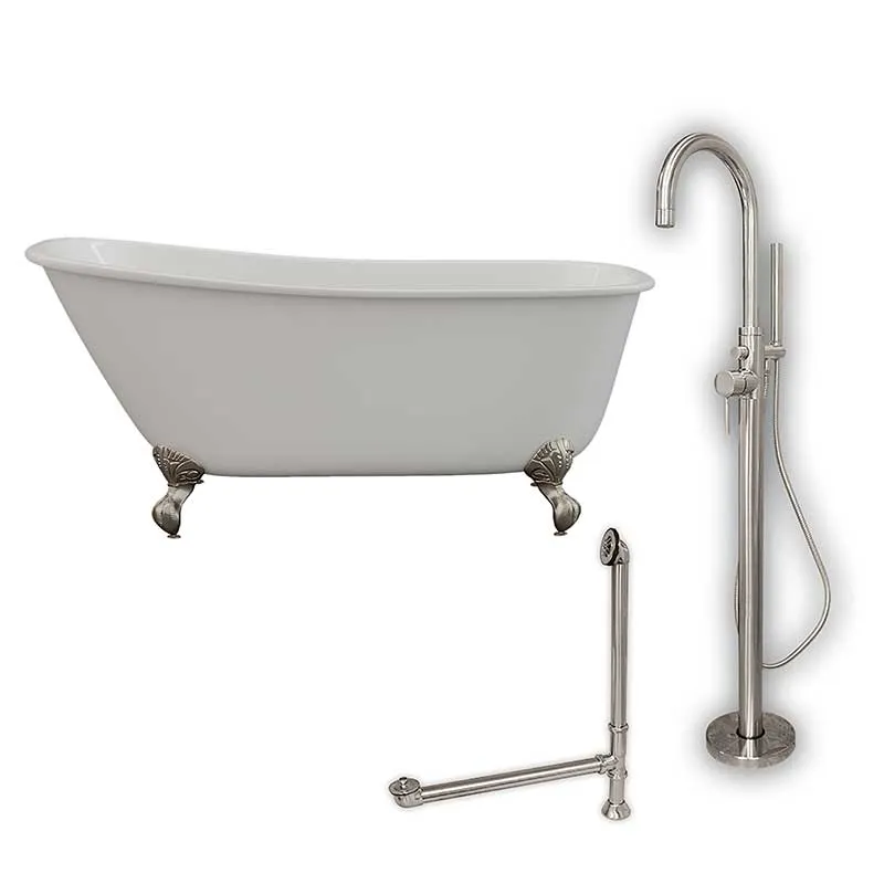 Cambridge Plumbing Cast Iron Swedish Slipper Tub 58" X 30" with no Faucet Drillings and Complete Brushed Nickel Modern Freestanding Tub Filler with Hand Held Shower Assembly Plumbing Package
