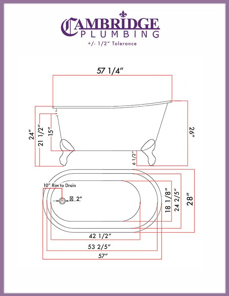 Cambridge Plumbing Cast Iron Swedish Slipper Tub 58" X 30" with no Faucet Drillings and Complete Polished Chrome Modern Freestanding Tub Filler with Hand Held Shower Assembly Plumbing Package