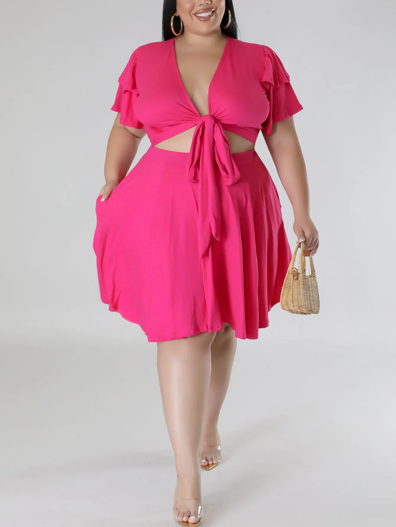 Chic Ruffle-Sleeve Tie-Front Two-Piece Skirt Set with Pockets