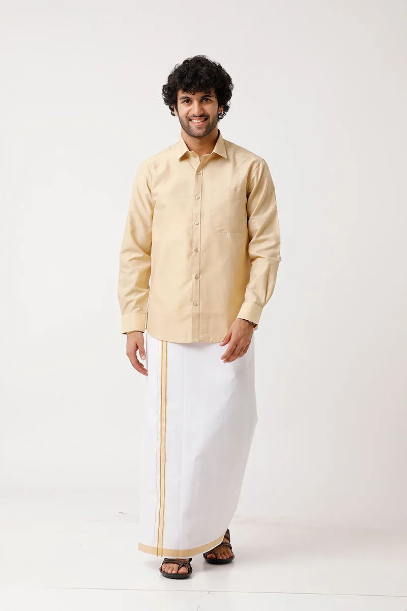 Divine - Flaxen Sandal Matching Shirt and Single Dhoti Set For Men | Uathayam