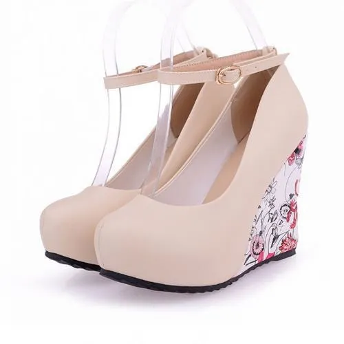 Fashion Ankle Strap High Wedges Platform Summer Pumps For Women Casual Elegant Flower Print Wedges Platform Shoes mary jane