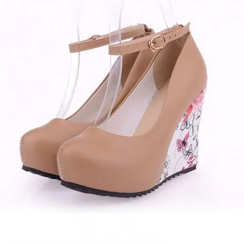 Fashion Ankle Strap High Wedges Platform Summer Pumps For Women Casual Elegant Flower Print Wedges Platform Shoes mary jane