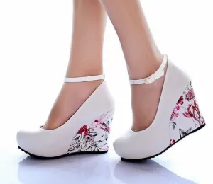 Fashion Ankle Strap High Wedges Platform Summer Pumps For Women Casual Elegant Flower Print Wedges Platform Shoes mary jane