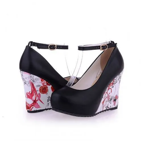 Fashion Ankle Strap High Wedges Platform Summer Pumps For Women Casual Elegant Flower Print Wedges Platform Shoes mary jane