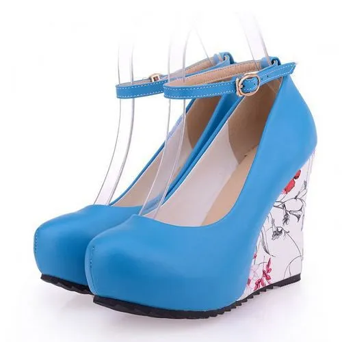 Fashion Ankle Strap High Wedges Platform Summer Pumps For Women Casual Elegant Flower Print Wedges Platform Shoes mary jane